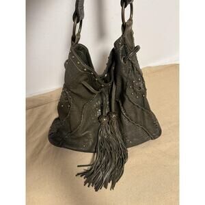 Jamie Drake Hobo Shoulder Bag Womens Olive Green Leather Drawstring Tassel Boho